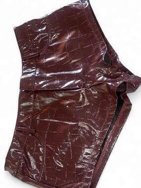 High-Waist Patent Croc-Texture Shorts - Burgundy